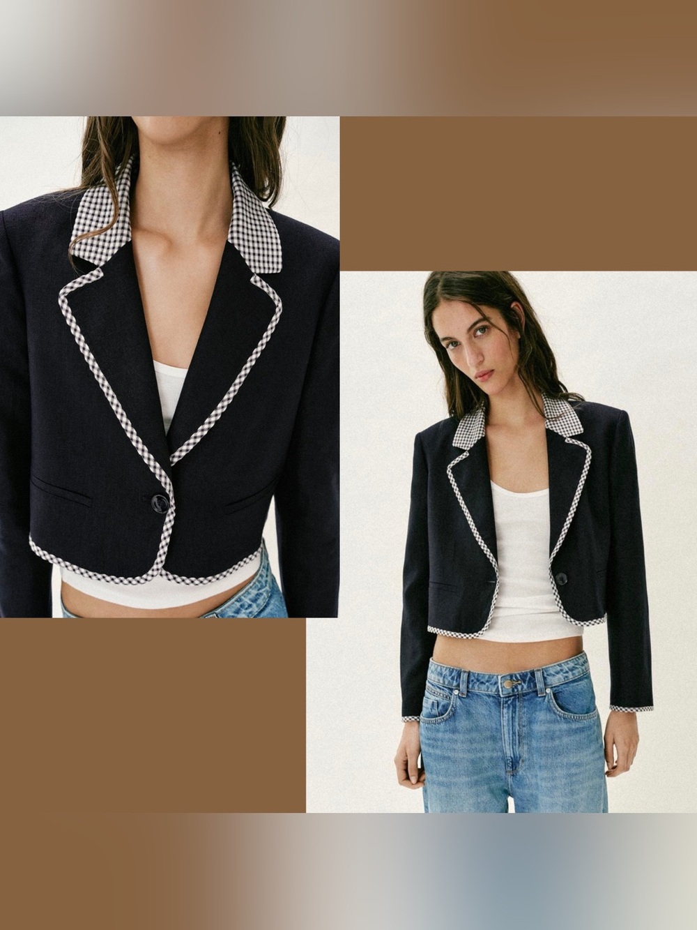 Zara Black Cropped Linen Blazer with Black-and-White Gingham Trim